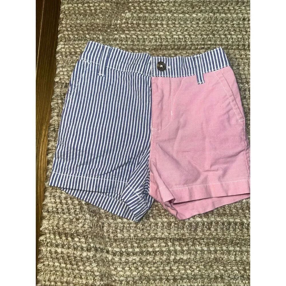 Ralph Lauren asymmetrical blue and white pin stripe and pink color block shorts